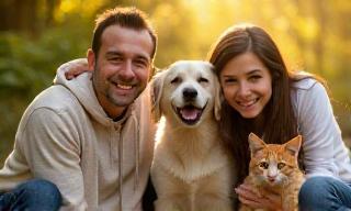 Famille avec chien et chat heureux